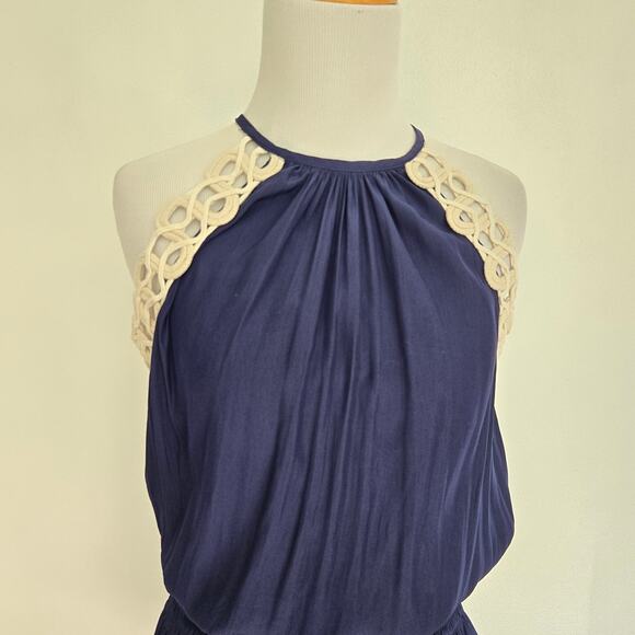 Ramy Brook Rowan Mini Dress Crochet Trim Navy Halter Top Ruffle Women XS - Picture 5 of 13